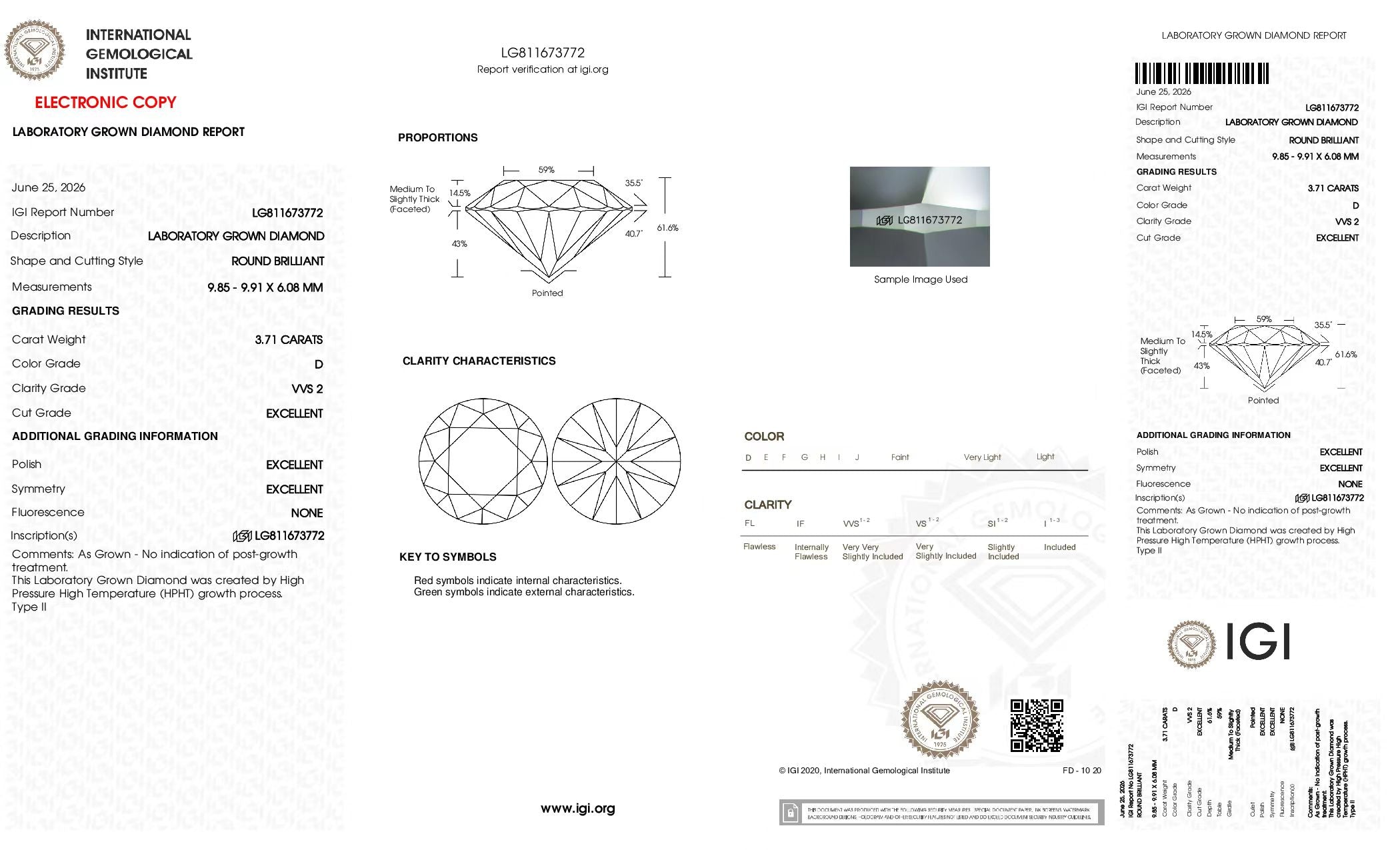 Round Brilliant Cut Lab-Grown Diamond – 3.71 ct, D Color, VVS2 Clarity – IGI Certified