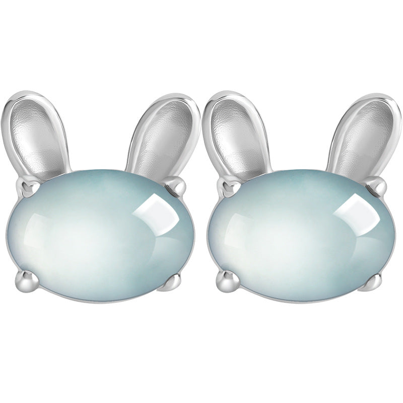 Natural Blue Water Jadeite "Lunar Rabbit" Stud Earrings