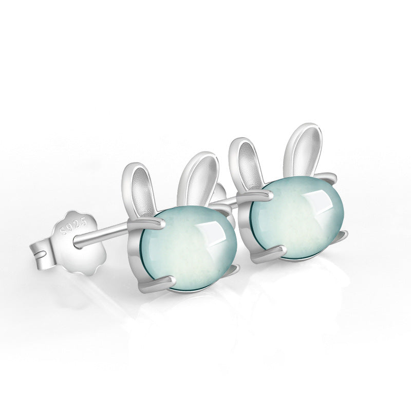 Natural Blue Water Jadeite "Lunar Rabbit" Stud Earrings