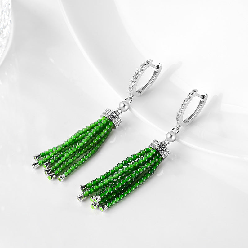 Natural Green Jadeite Beaded Tassel Drop Earrings