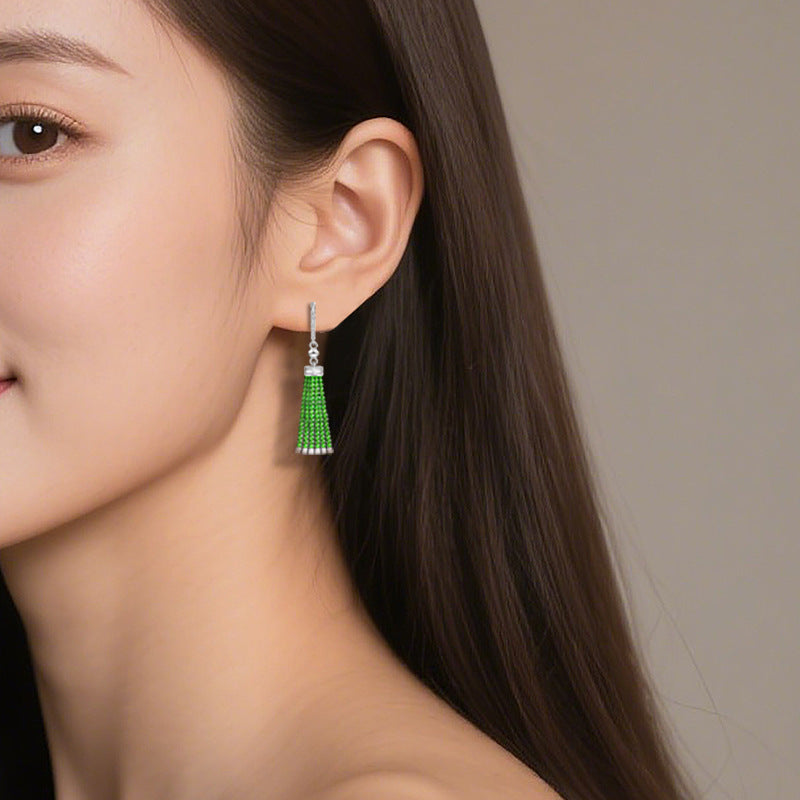 Natural Green Jadeite Beaded Tassel Drop Earrings