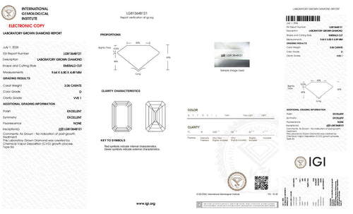 Emerald Cut Lab-Grown Diamond – 3.0 ct, D Color, VVS1 Clarity – IGI Certified (Report #813648121)