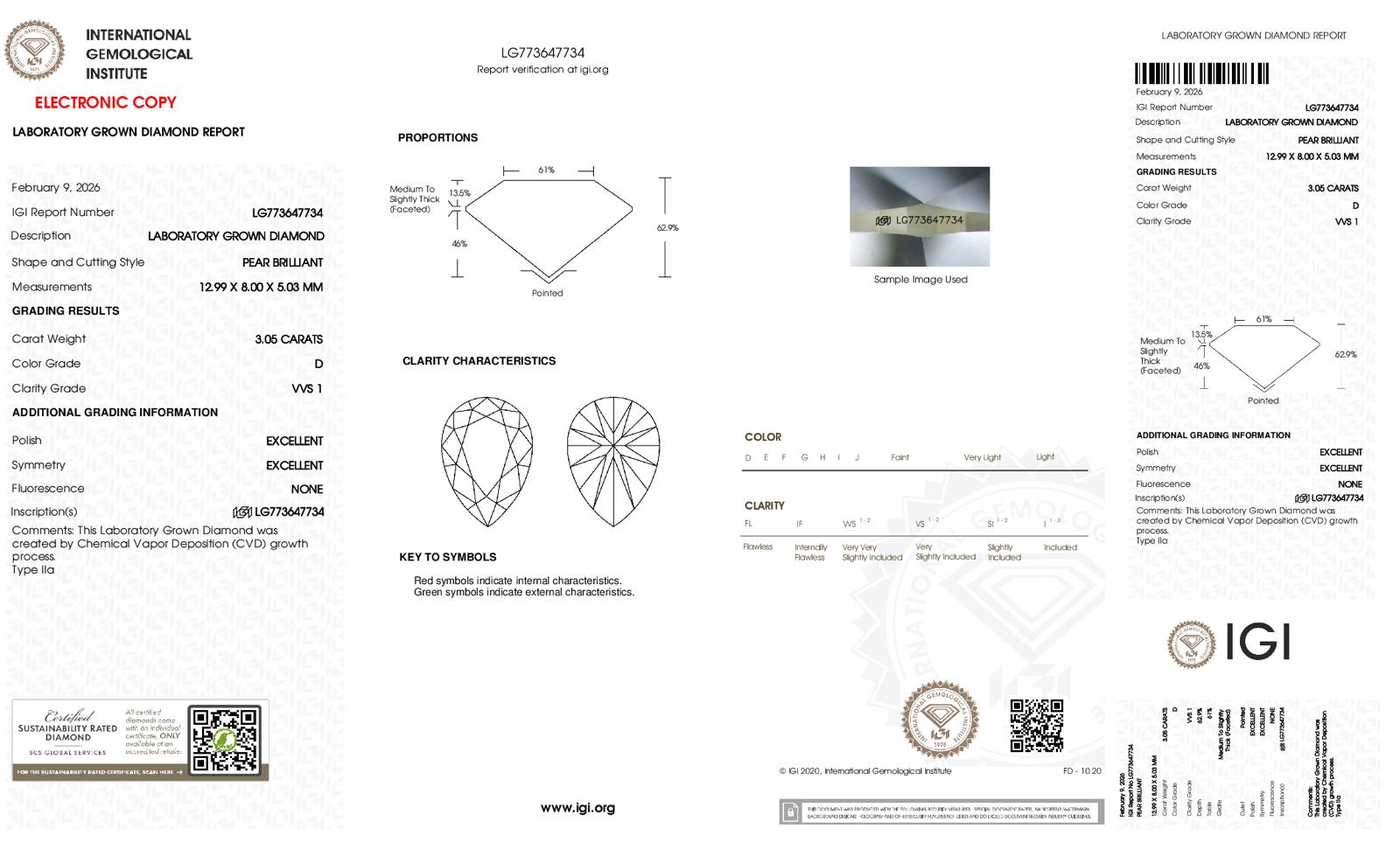 Pear Modified Brilliant Cut Lab-Grown Diamond – 3.0 ct, D Color, VVS1 Clarity – IGI Certified (Report #773647734)