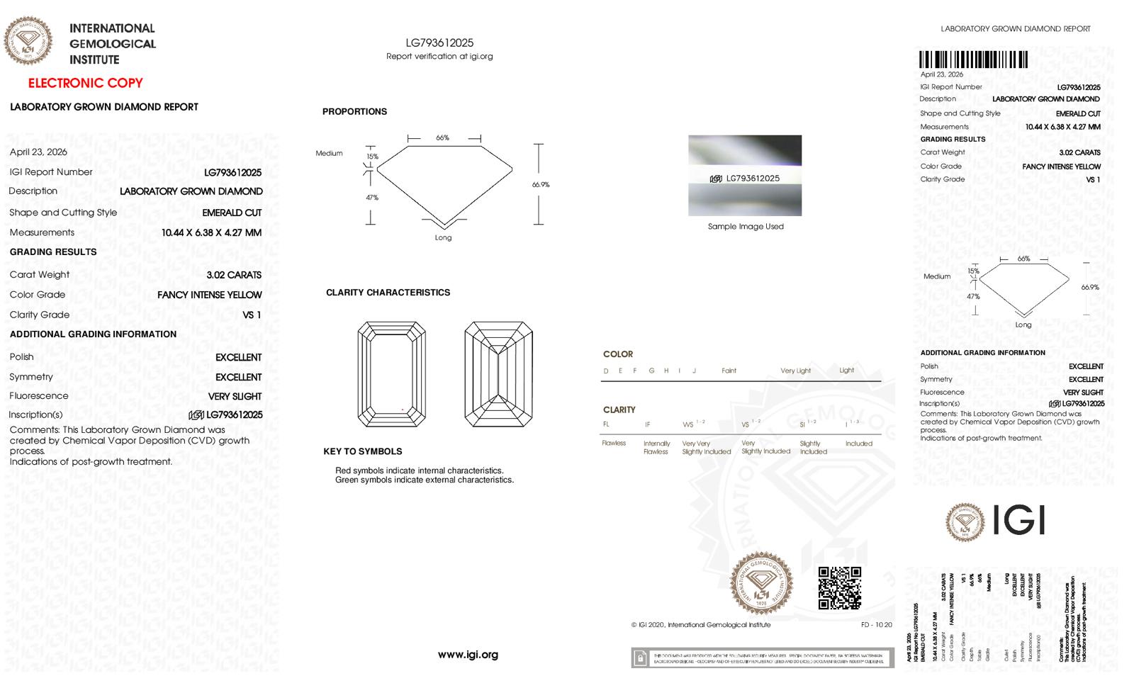 Emerald Cut Lab-Grown Diamond – 3.0 ct, Fancy Intense Yellow, VS1 Clarity – IGI Certified (Report #793612025)