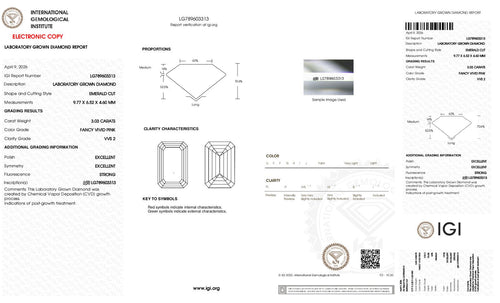 Emerald Cut Lab-Grown Diamond – 3.0 ct, Fancy Vivid Pink, VVS2 Clarity – IGI Certified (Report #789603313)
