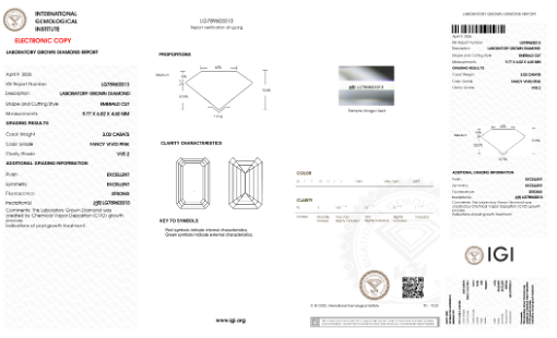 Emerald Cut Lab-Grown Diamond – 3.0 ct, Fancy Vivid Pink, VVS2 Clarity – IGI Certified (Report #789603313)