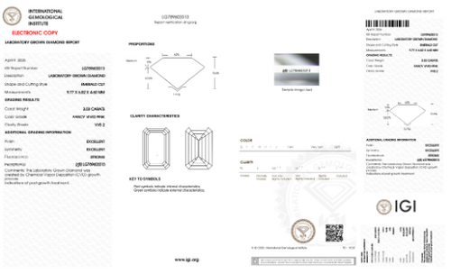 Emerald Cut Lab-Grown Diamond – 3.0 ct, Fancy Vivid Pink, VVS2 Clarity – IGI Certified (Report #789603313)
