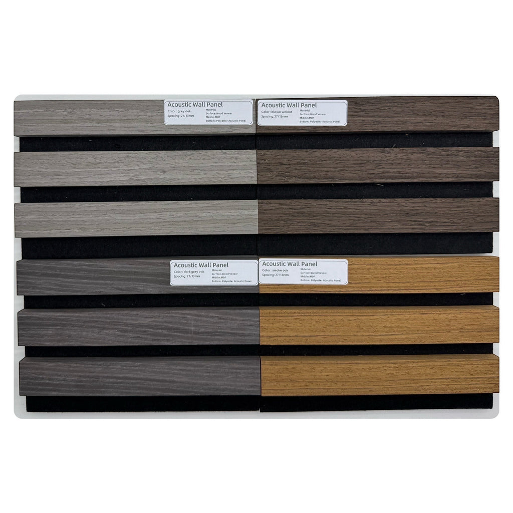 BoxUnboxed acoustic wall panels in grey oak, dark grey oak, blown walnut, and smoke oak finishes with black felt backing.