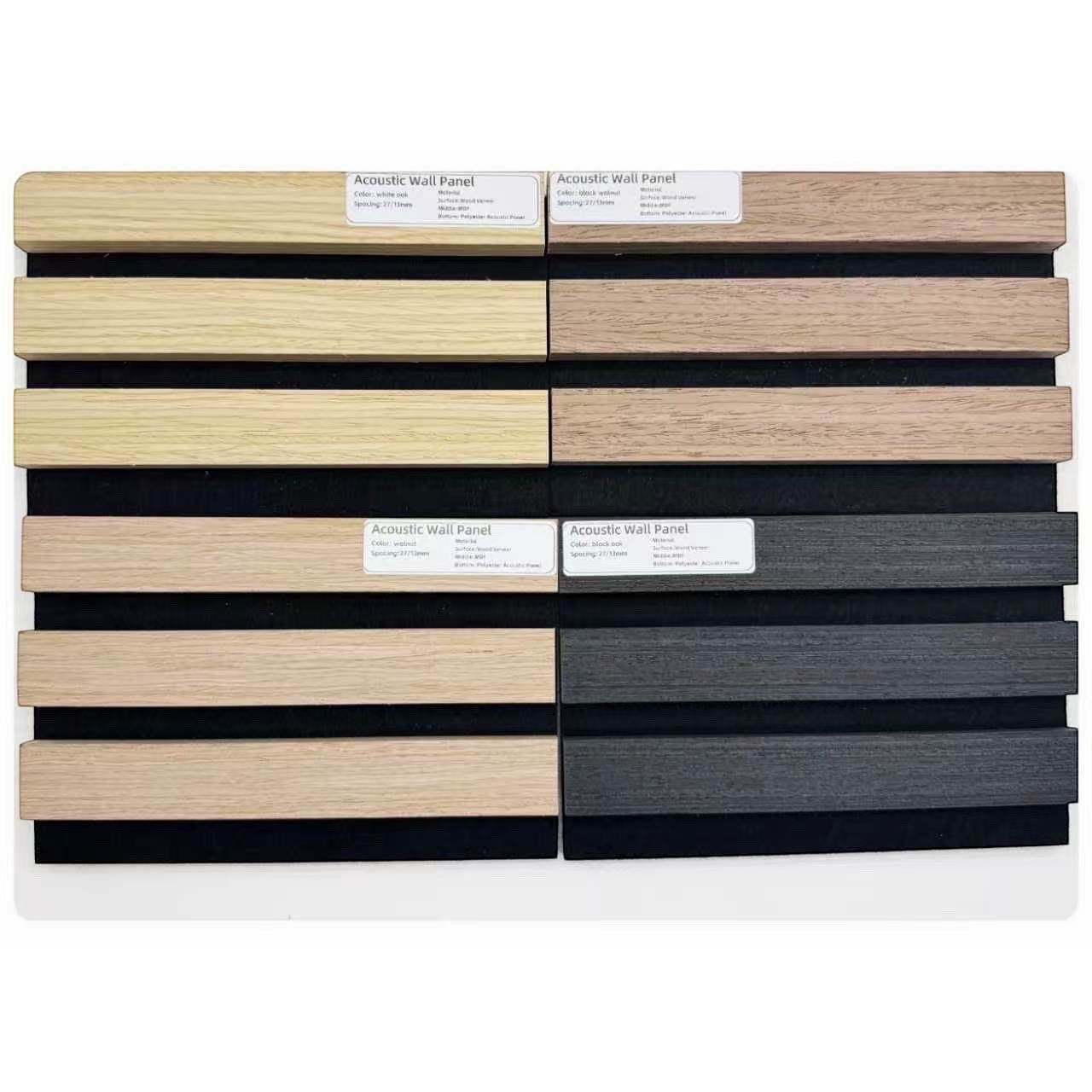 BoxUnboxed acoustic wall panels in light oak and dark wood veneer with black felt backing.