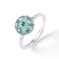 BoxUnboxed adjustable ring featuring a blue water jadeite peach blossom, green accent, and cubic zirconia in platinum.