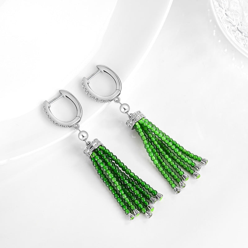 BoxUnboxed natural green jadeite beaded tassel drop earrings with pavé crystal sterling silver huggie hoops.