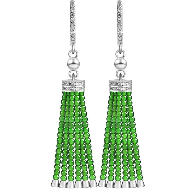 BoxUnboxed green jadeite beaded tassel drop earrings with pavé crystal sterling silver huggie hoops.