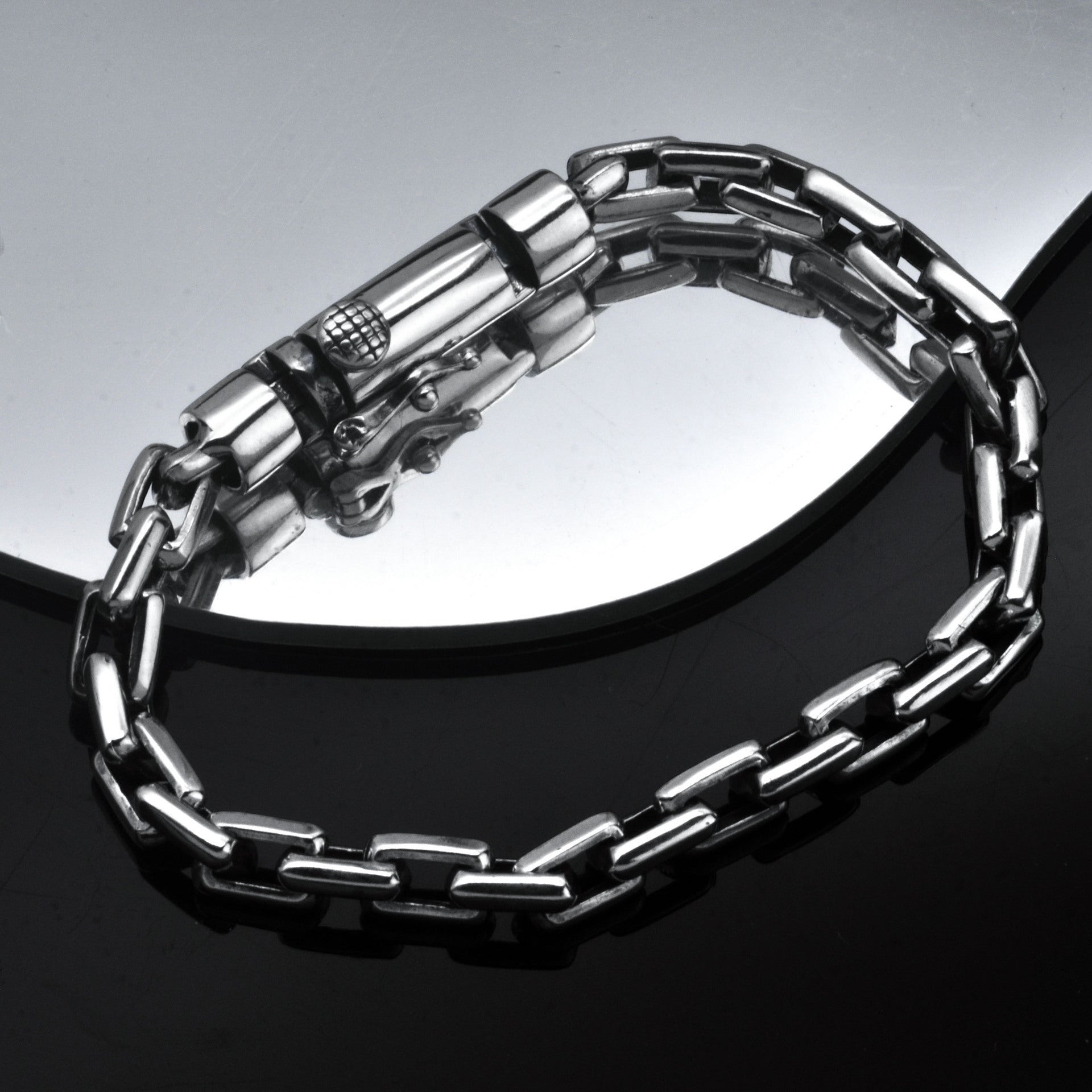 BoxUnboxed Kinetic Box Chain bracelet in solid 925 sterling silver with a heavy-duty utility safety clasp and oxidized industrial accents.
