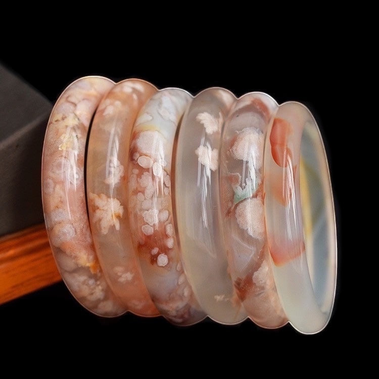 BoxUnboxed Natural Flower Agate Sakura Bangles with delicate pink floral inclusions and smooth polished finish.