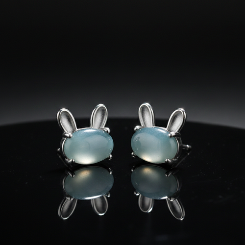 Natural Blue Water Jadeite Lunar Rabbit Stud Earrings