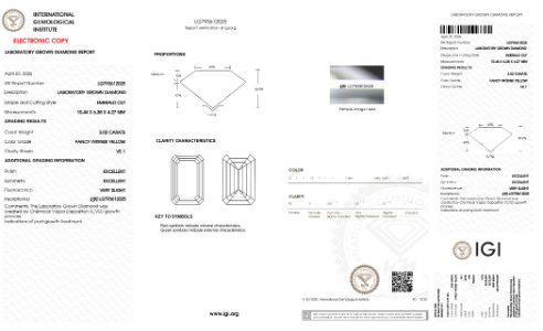Emerald Cut Lab-Grown Diamond – 3.0 ct, Fancy Intense Yellow, VS1 Clarity – IGI Certified (Report #793612025)